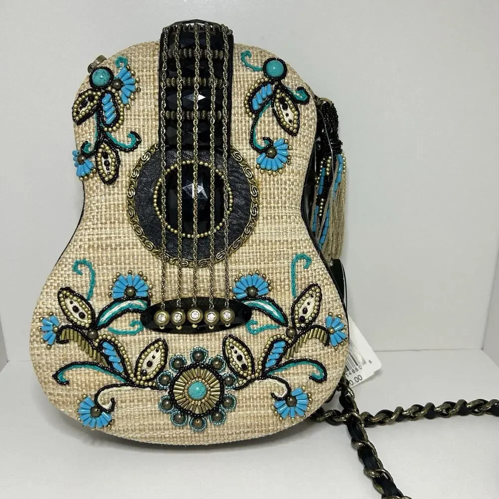 Mary Frances Unplugged Cream Woven and NWT Turquoise Beaded Guitar Bag *RARE - Picture 11 of 16